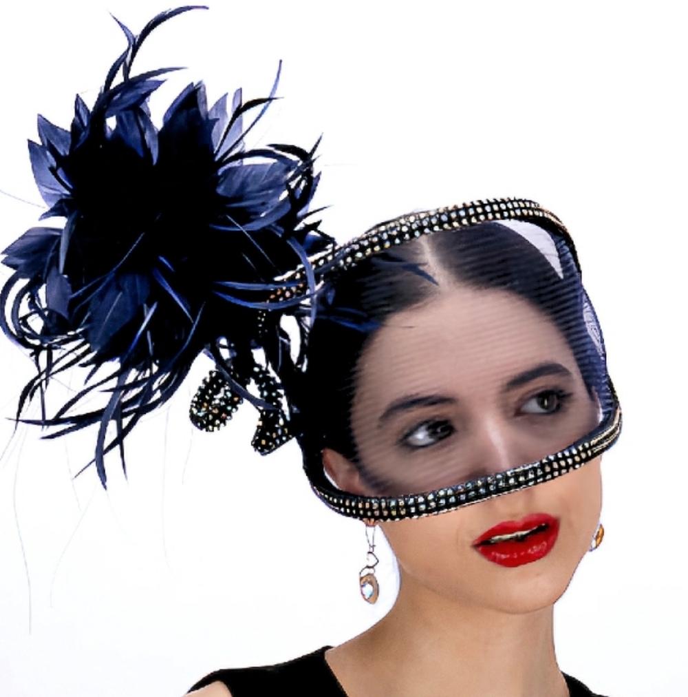 Exquisite Navy Couture High Feathers Face Cover Jewel Silhouette Fascinator Hat